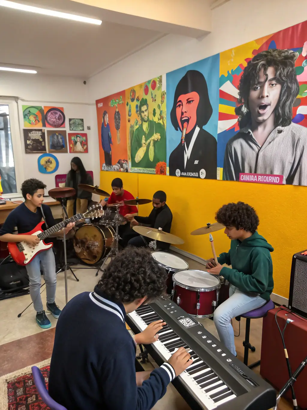 A photo of children participating in a jazz workshop, learning to play instruments and engaging with music in a fun and interactive environment.