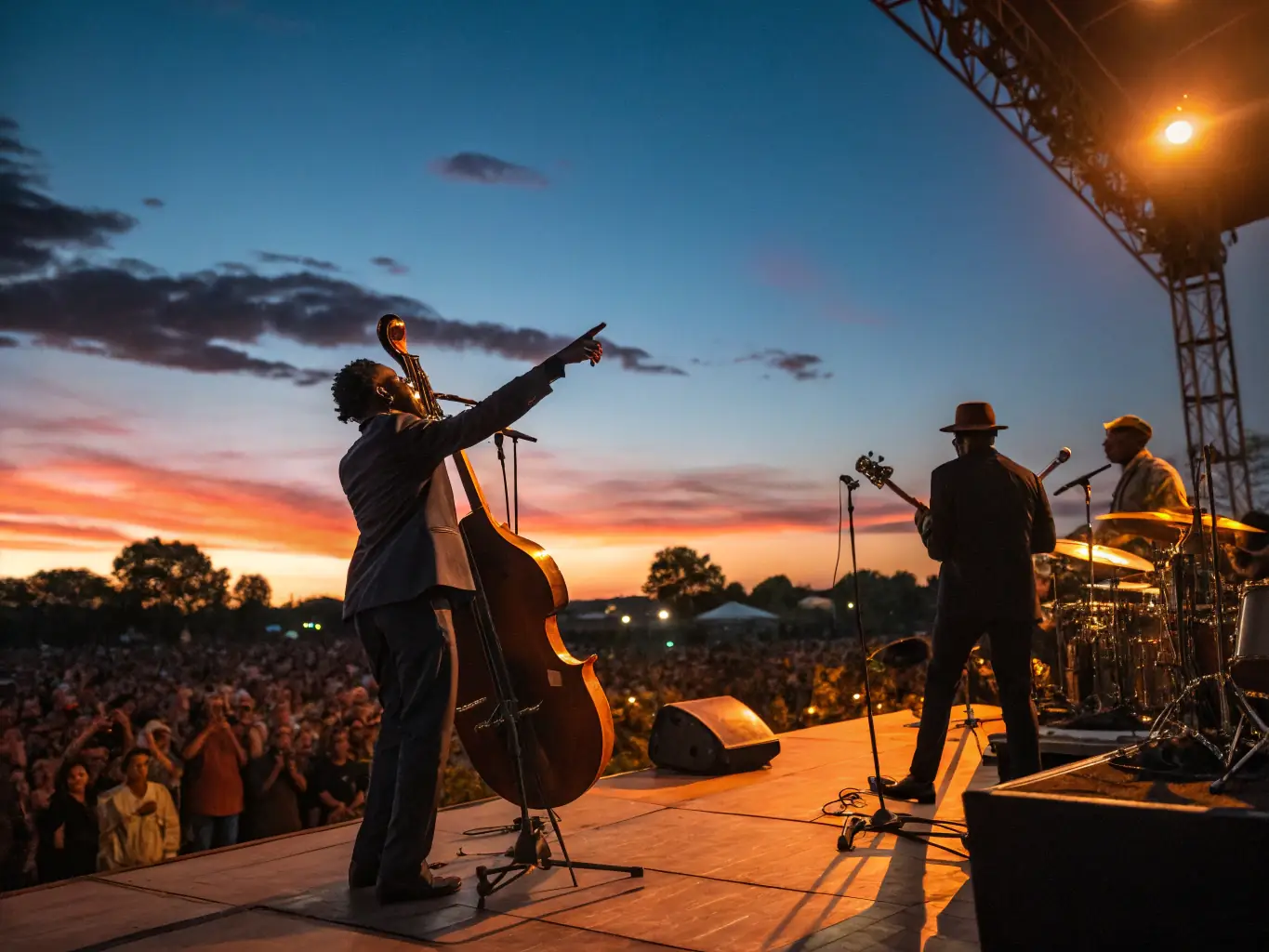 A vibrant photograph capturing the essence of a "Jazz dans les prés" event, featuring musicians performing on an outdoor stage with a backdrop of rolling green hills and a cheerful audience enjoying the music.