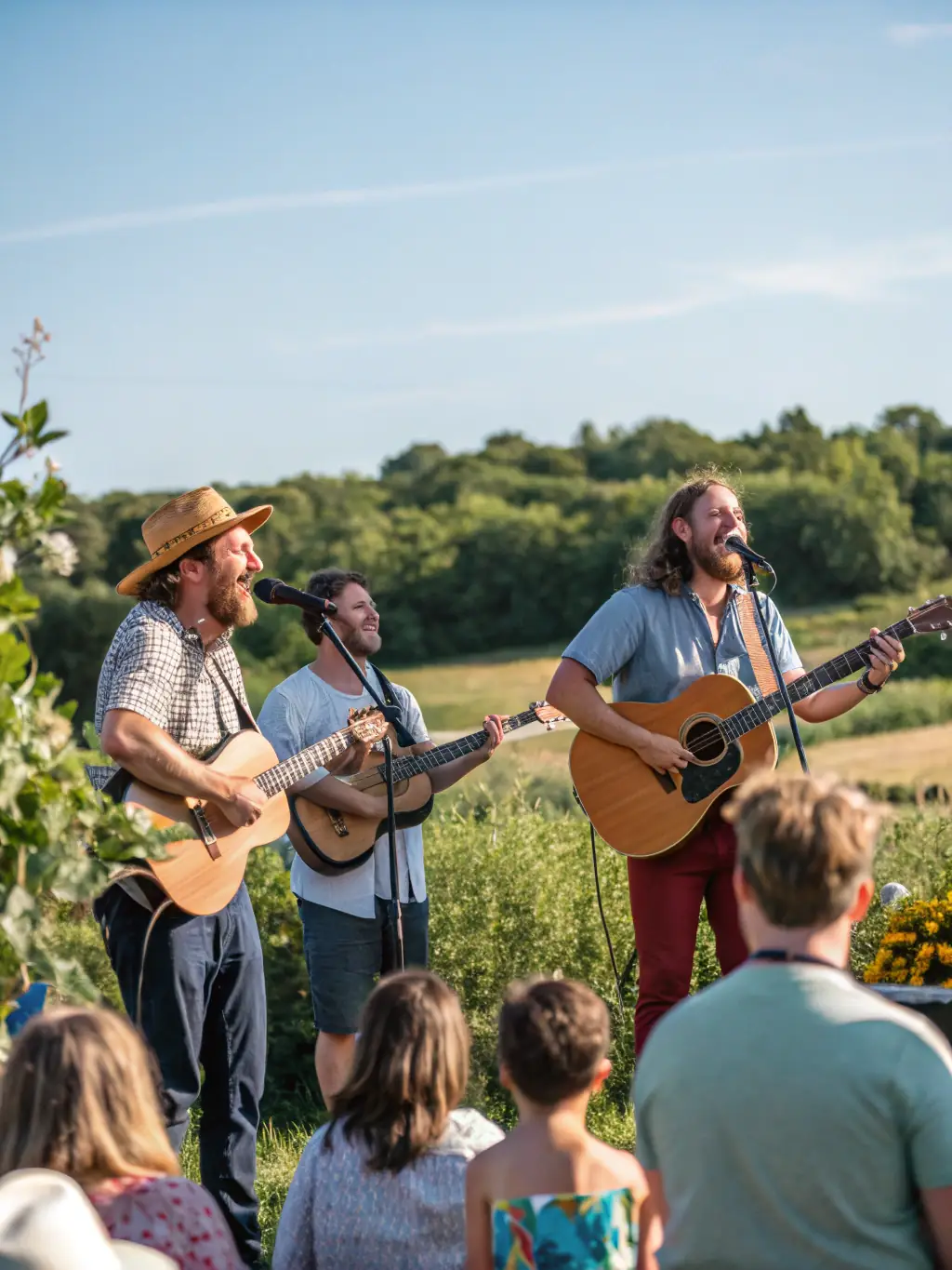 A picture of a local artist collaborating with international jazz musicians during an artist residency program, set against the backdrop of the rural landscape.