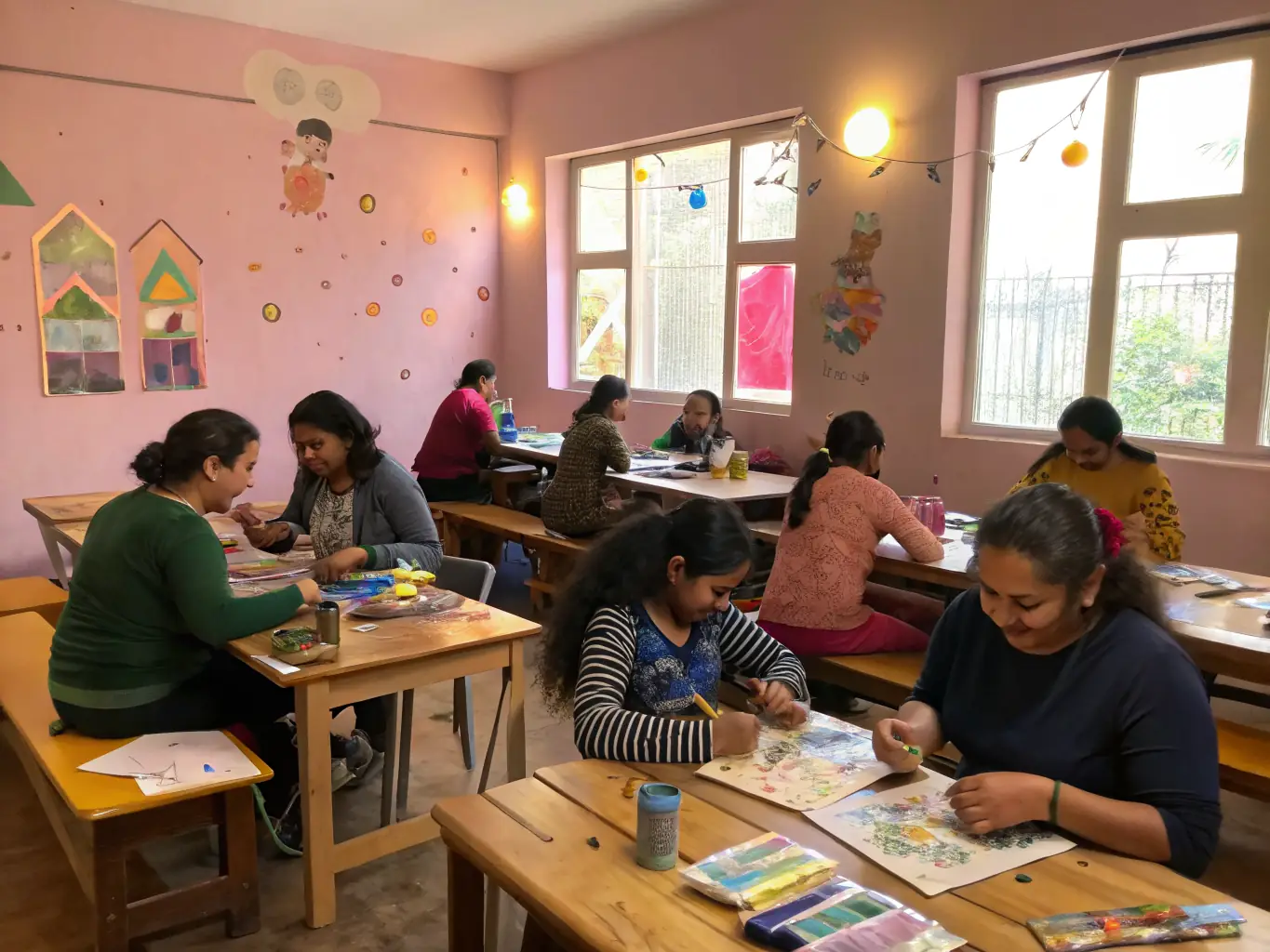 A photograph of a community workshop in progress, with participants of all ages engaged in a hands-on music or art activity led by a skilled instructor.
