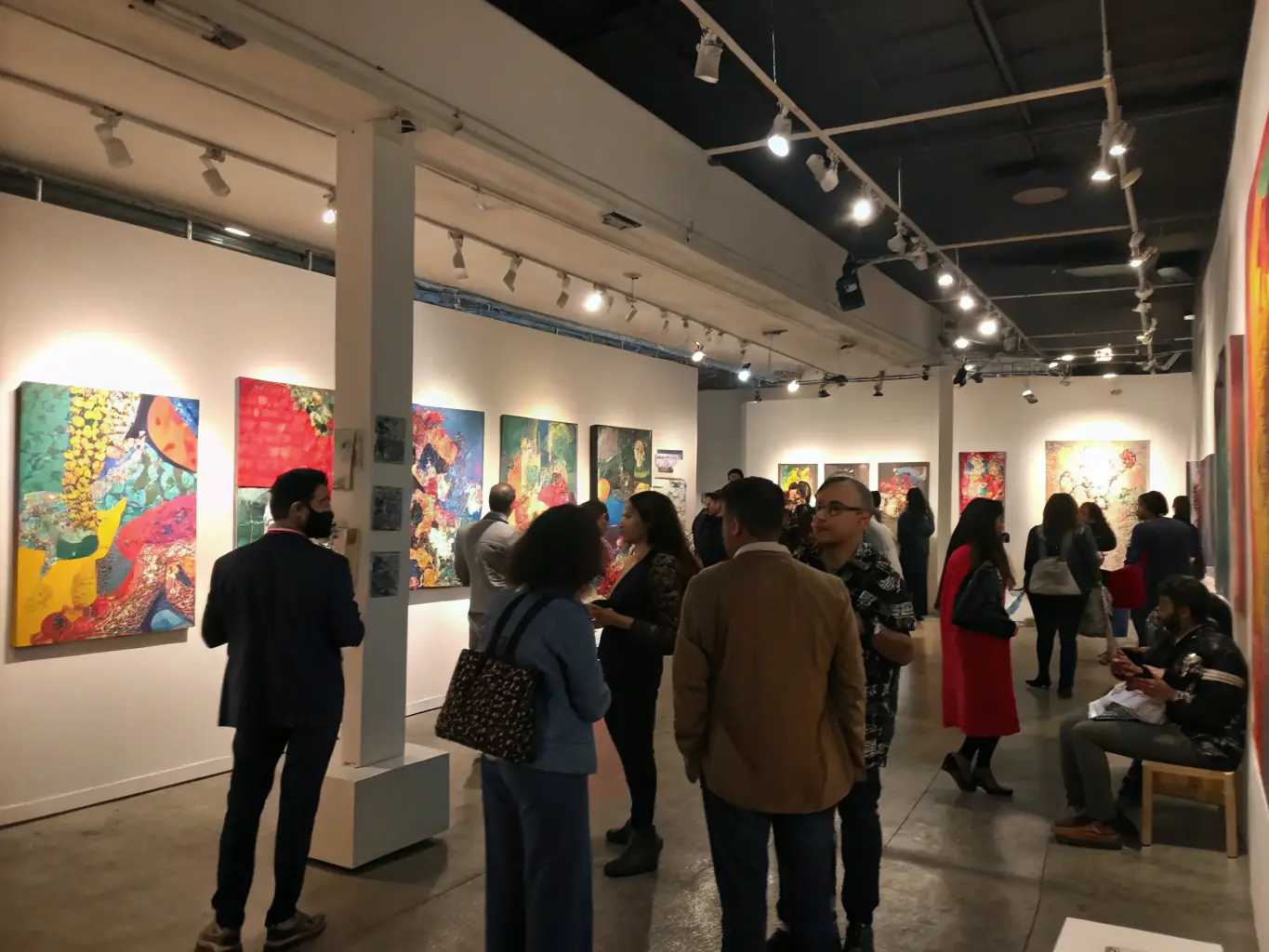 A photograph showcasing a local artist's exhibition, with attendees admiring the artwork and engaging in conversation with the artist.