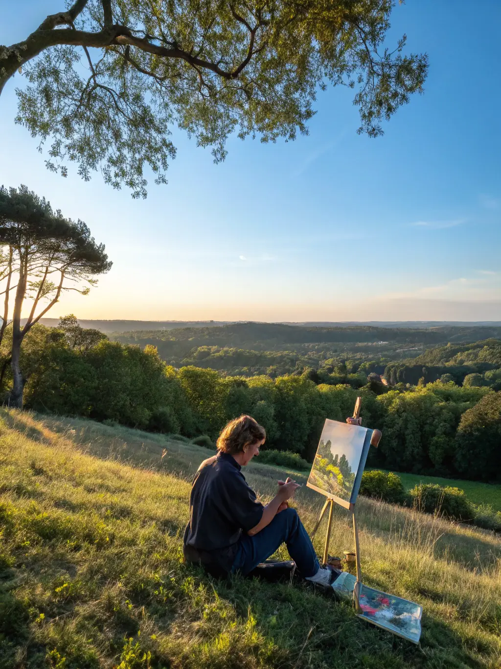 A serene picture of an artist in residence working on a musical composition in a rural setting, surrounded by nature and inspiration.