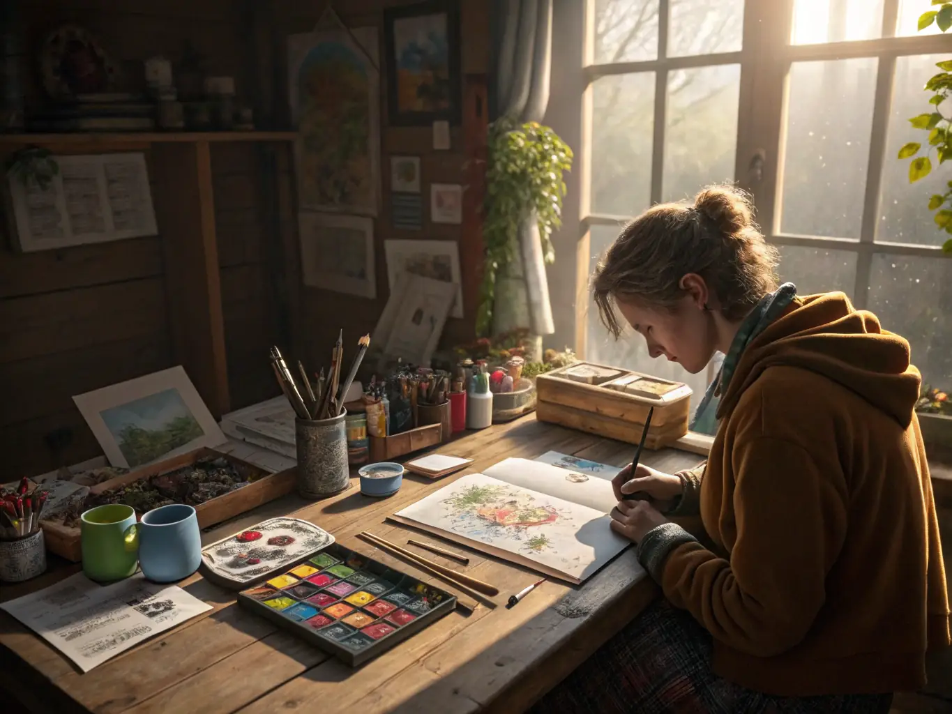 A photo of an artist-in-residence working on a project in a rural studio, surrounded by art supplies and with a scenic view of the countryside.