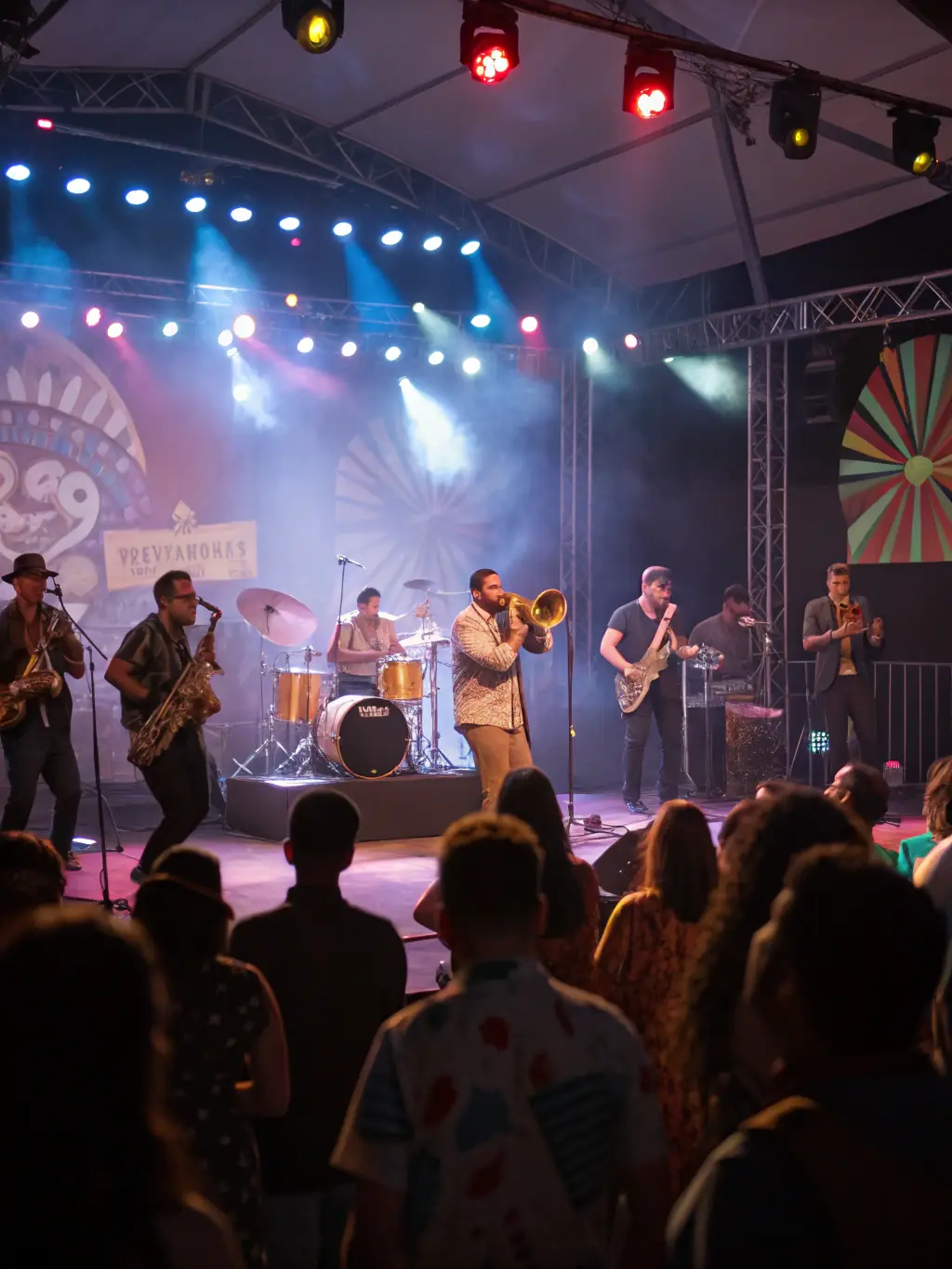 A vibrant photograph capturing a live jazz performance at the 'Jazz dans les prés' festival, showcasing musicians on stage with a captivated audience in a rural setting.