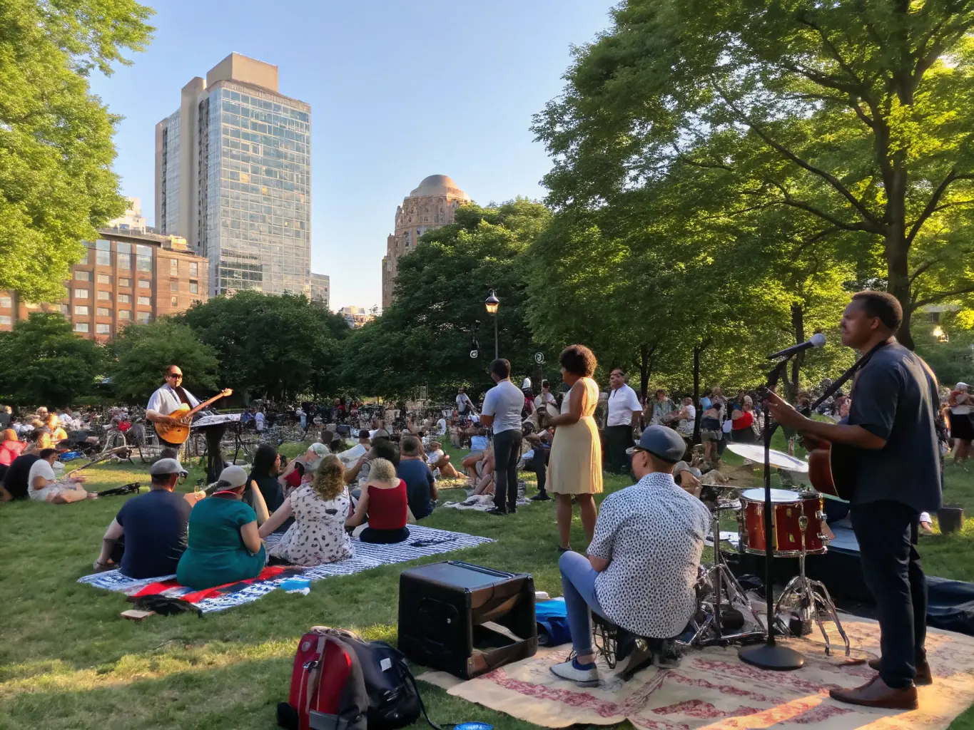 A vibrant image of the 'Jazz dans les prés' music festival, showcasing musicians performing on an outdoor stage with a diverse audience enjoying the performance in a rural setting.