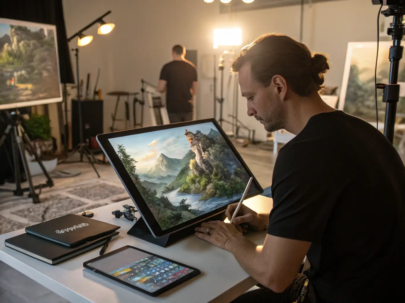 A visual representation of an artist residency program, showing an artist working on a project in a rural setting, surrounded by natural landscapes and local inspiration.