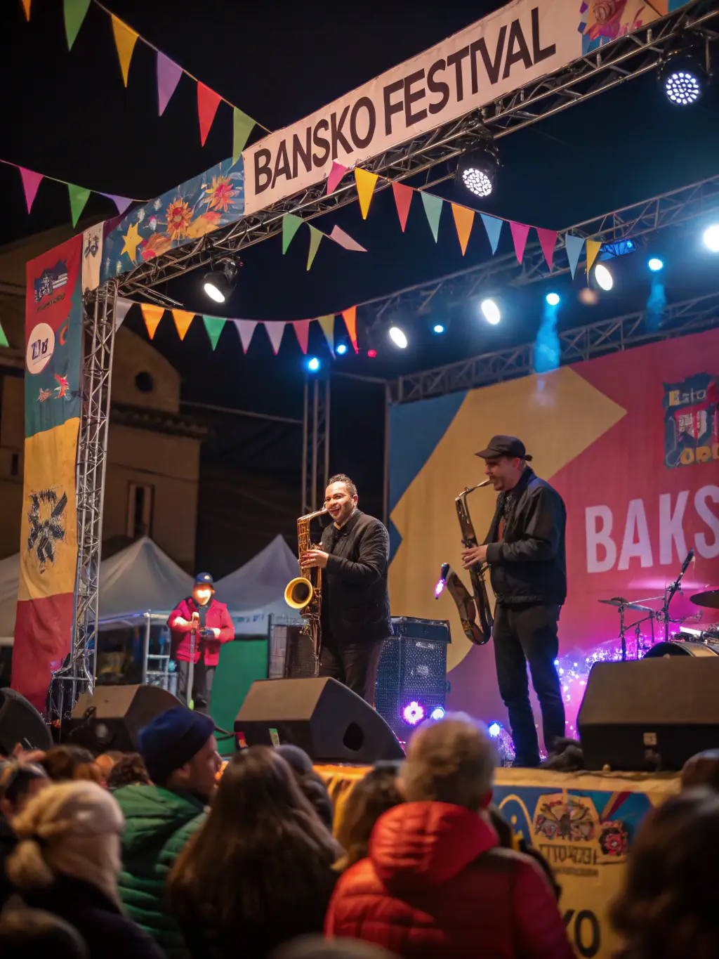 A vibrant photograph capturing a jazz ensemble performing at the 'Jazz dans les prés' festival, showcasing the energy and community spirit of the event.