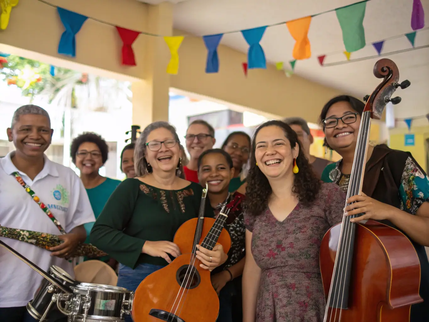 An image depicting a diverse group of community members participating in a jazz workshop, with instruments and smiling faces visible, set in a rural community center.