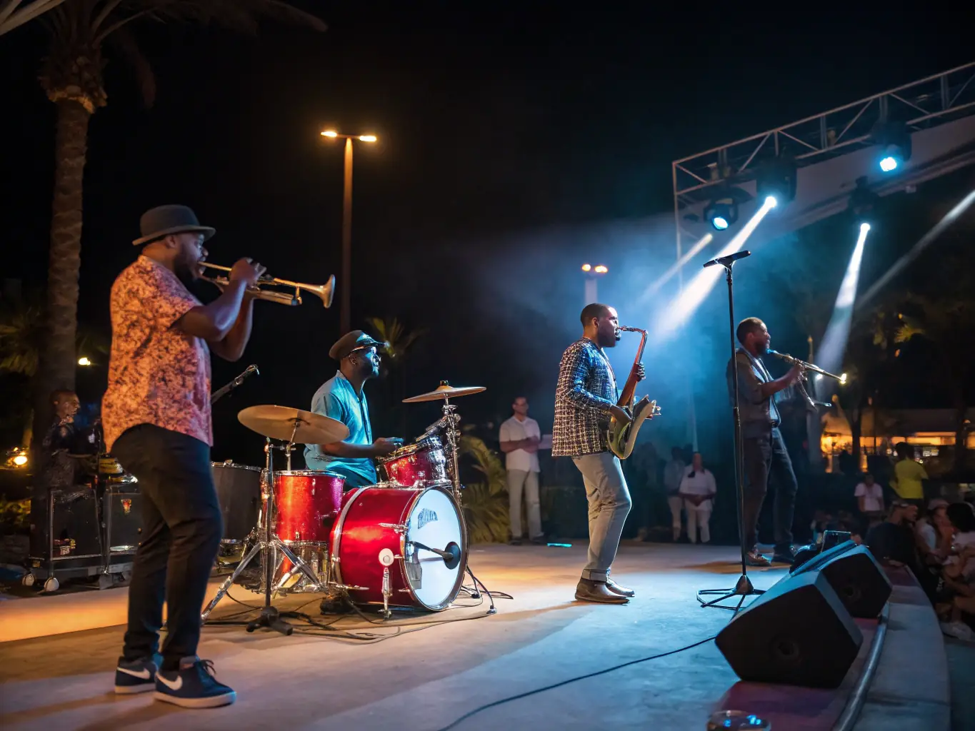 A photograph capturing a live jazz performance at the 'Jazz dans les prés' festival, showcasing the energy and excitement of the event with musicians on stage and an enthusiastic audience.